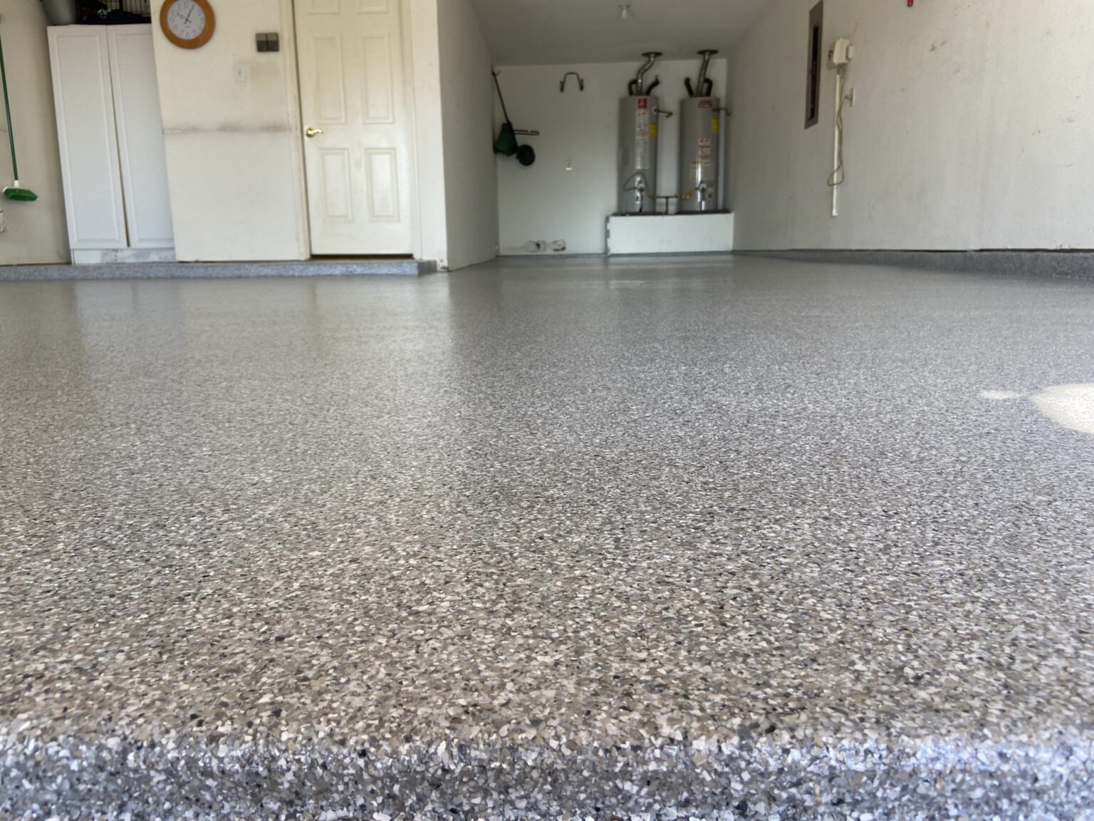 A floor-level view of a garage floor coating in Dallas